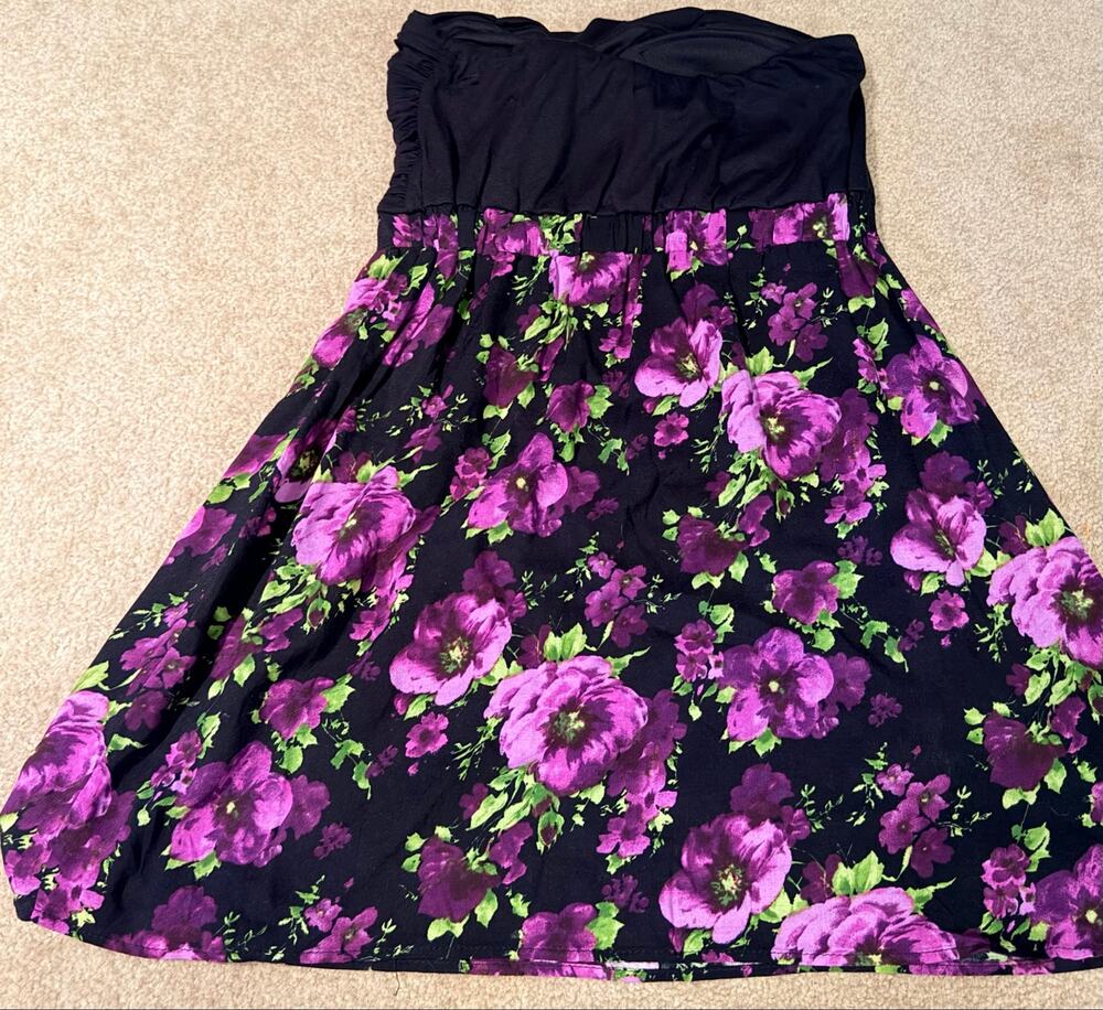 Wet Seal Women's Size M Purple Floral Black Strapless Ruched Mini Dress NWT